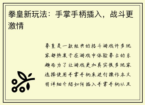 拳皇新玩法：手掌手柄插入，战斗更激情